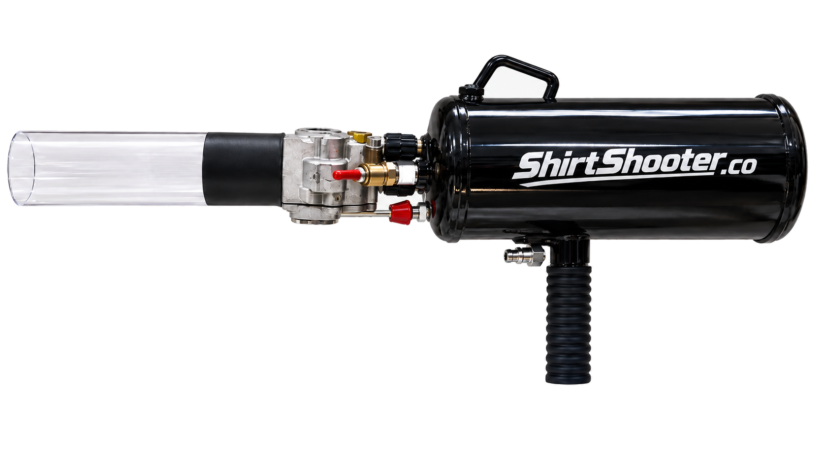 ShirtShooter.co air-powered t-shirt cannon with clear launch tube, black tank and ShirtShooter.co branding