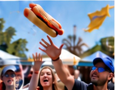 County fair and community event crowd watching a hot dog and t-shirt fly through the air